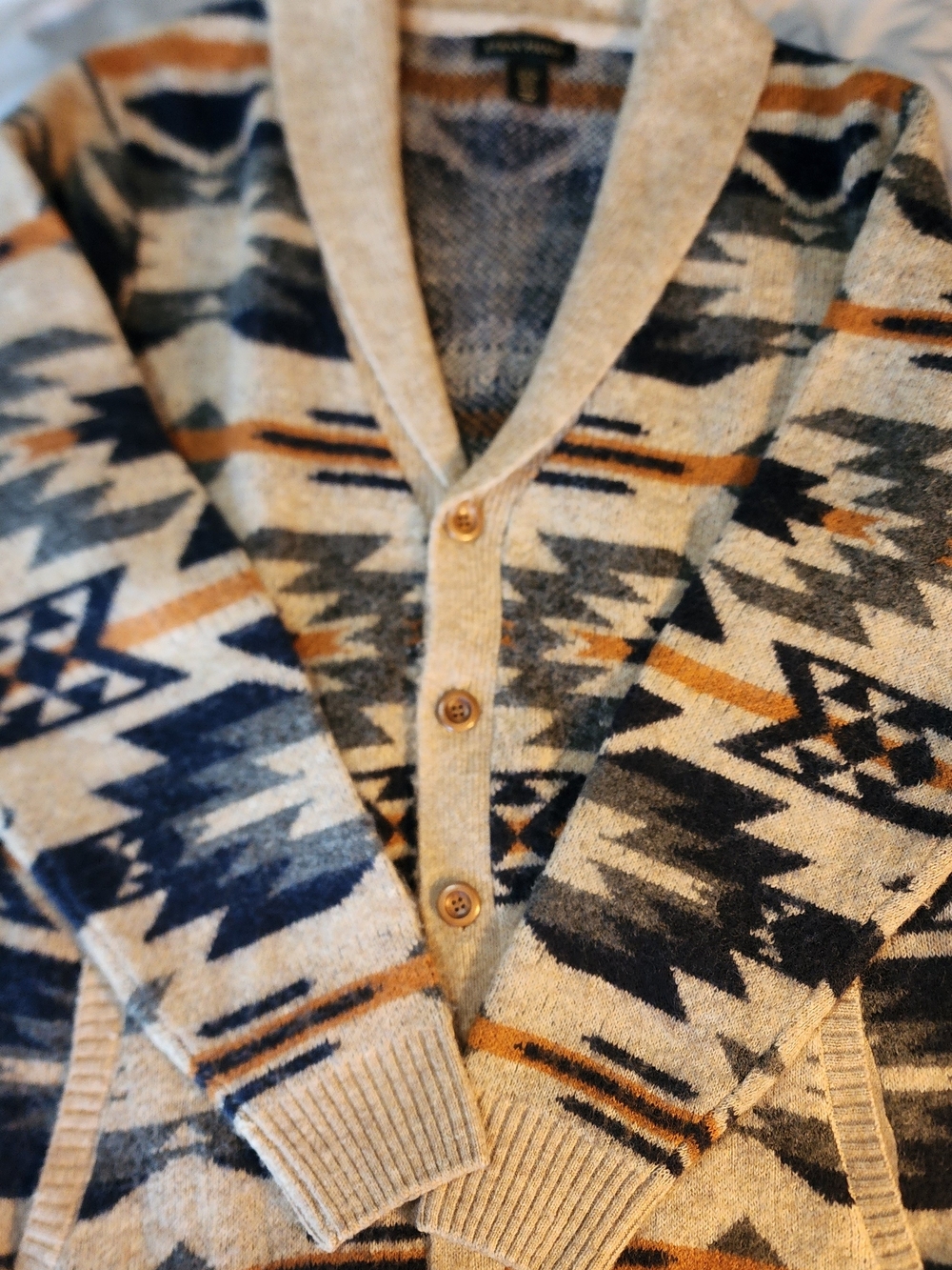 Men's Geometric Shawl-Collar Cardigan Sweater, Ethan Pierce - Beige, Navy & Tan